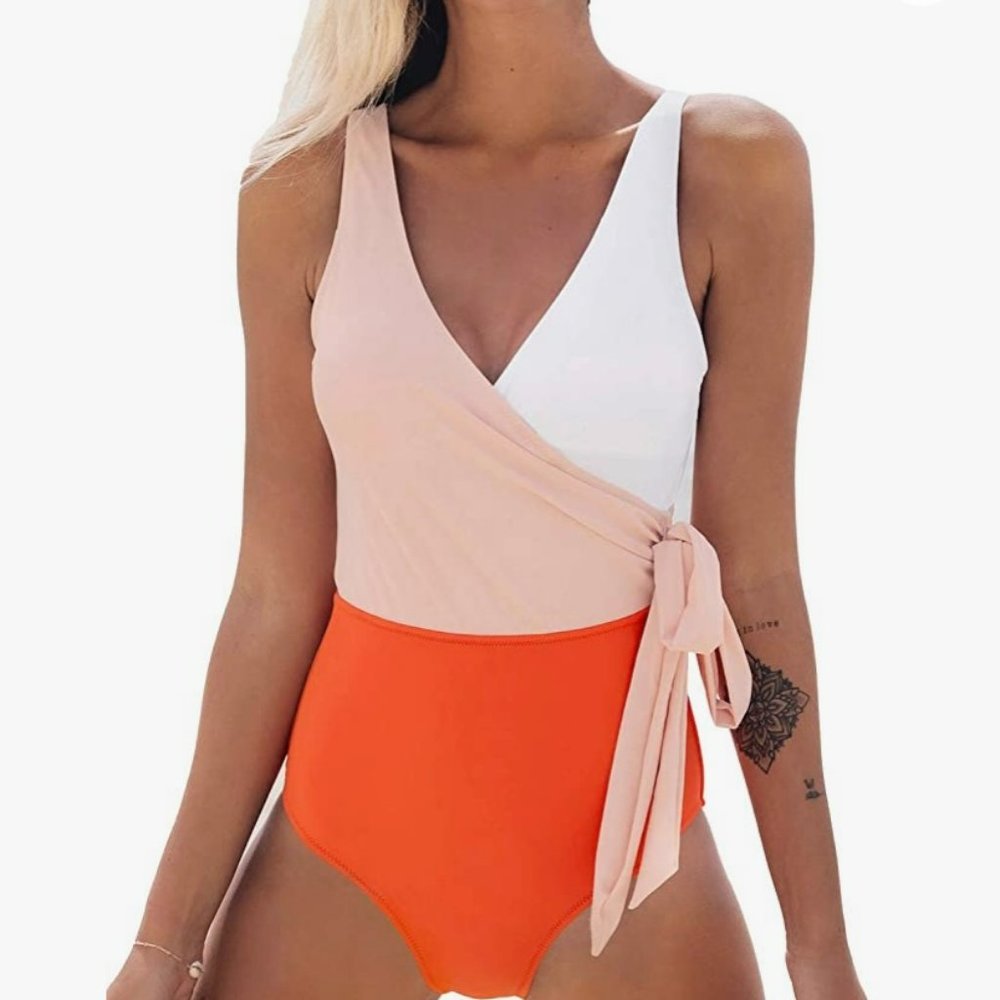 NWOT Cupshe one piece, wrap, color block, tie side swimsuit